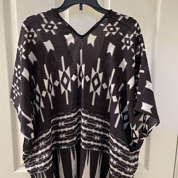 Marie France Van Damme Ethnic Printed Silk Short Boubou Caftan Black White OS - Picture 16 of 16